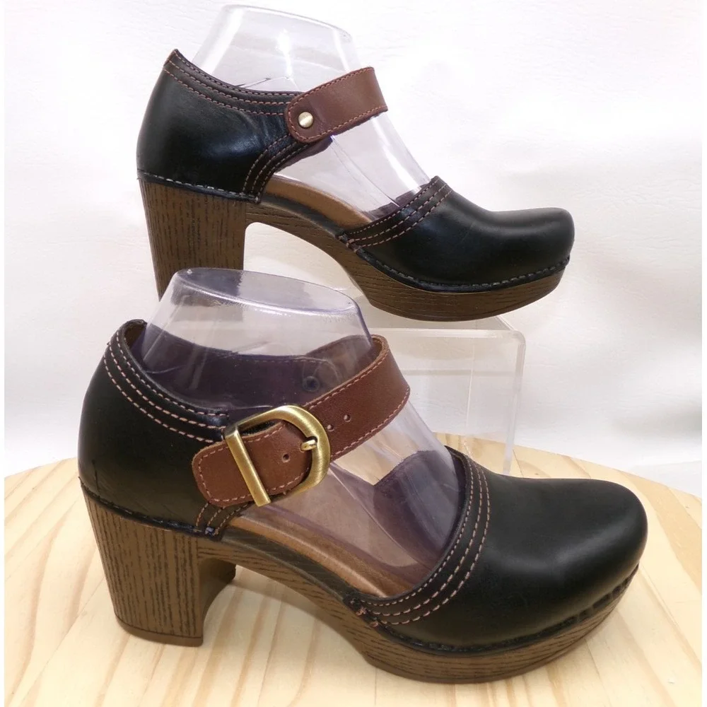 Dansko Darlene Heels Womens Black Brown Size 38 US 7.5 - 8 Ankle Strap Leather